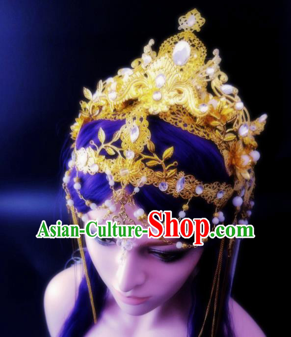 China Ancient Queen Headwear Handmade Traditional Cosplay Goddess Golden Hair Crown