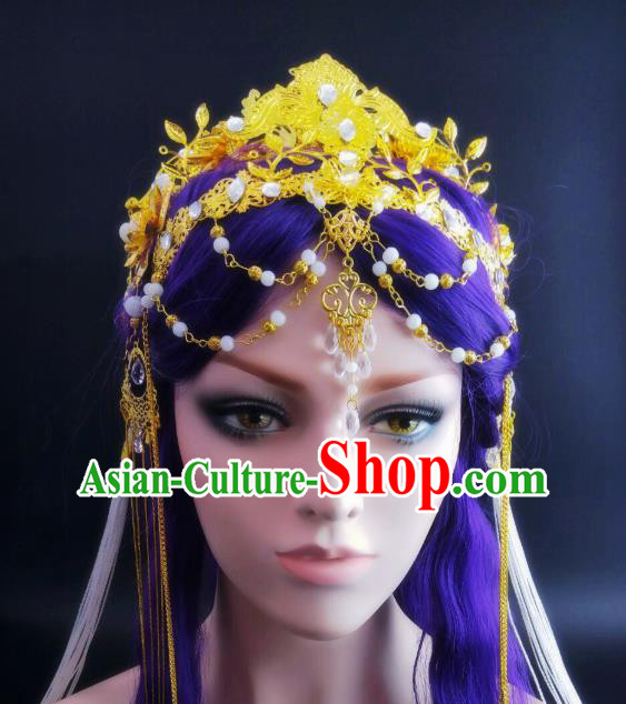 China Ancient Queen Headwear Handmade Traditional Cosplay Goddess Golden Hair Crown