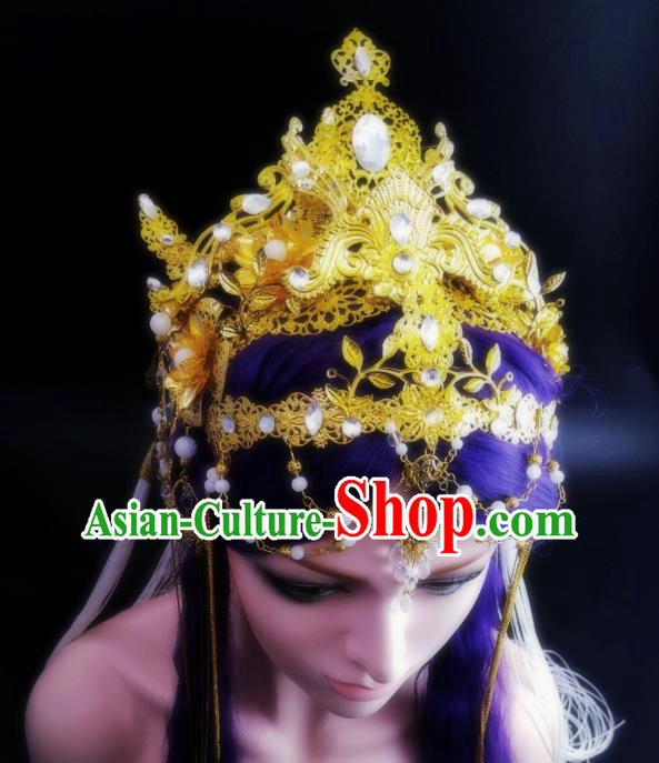 China Ancient Queen Headwear Handmade Traditional Cosplay Goddess Golden Hair Crown