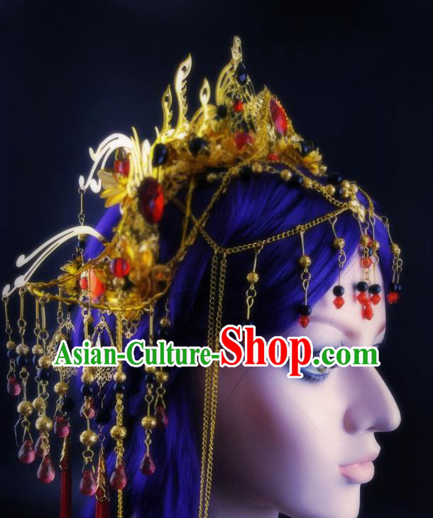 China Ancient Female Swordsman Headwear Handmade Traditional Cosplay Fairy Princess Golden Hair Crown