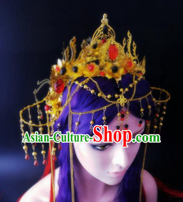 China Ancient Female Swordsman Headwear Handmade Traditional Cosplay Fairy Princess Golden Hair Crown