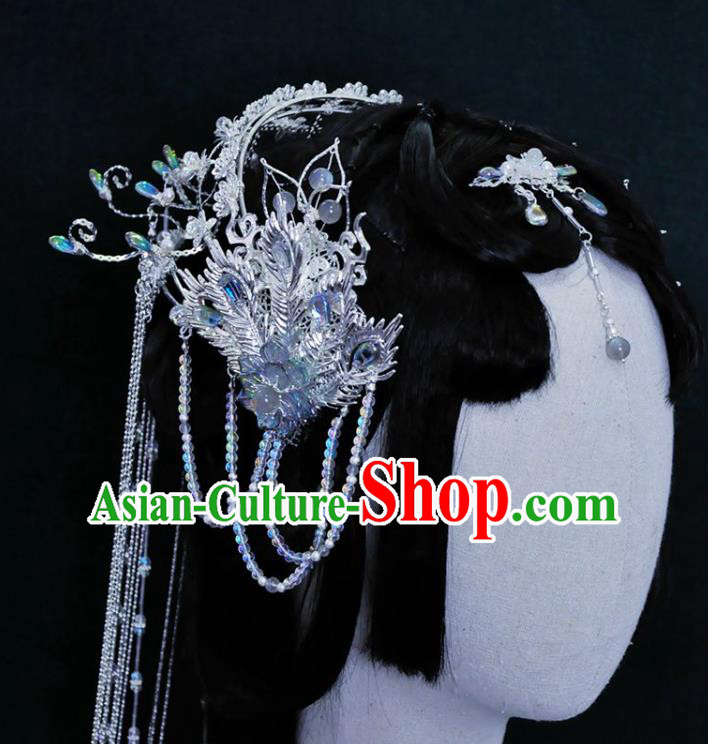 China Ancient Fairy Princess Headwear Handmade Traditional Cosplay Goddess Argent Tassel Hair Crown
