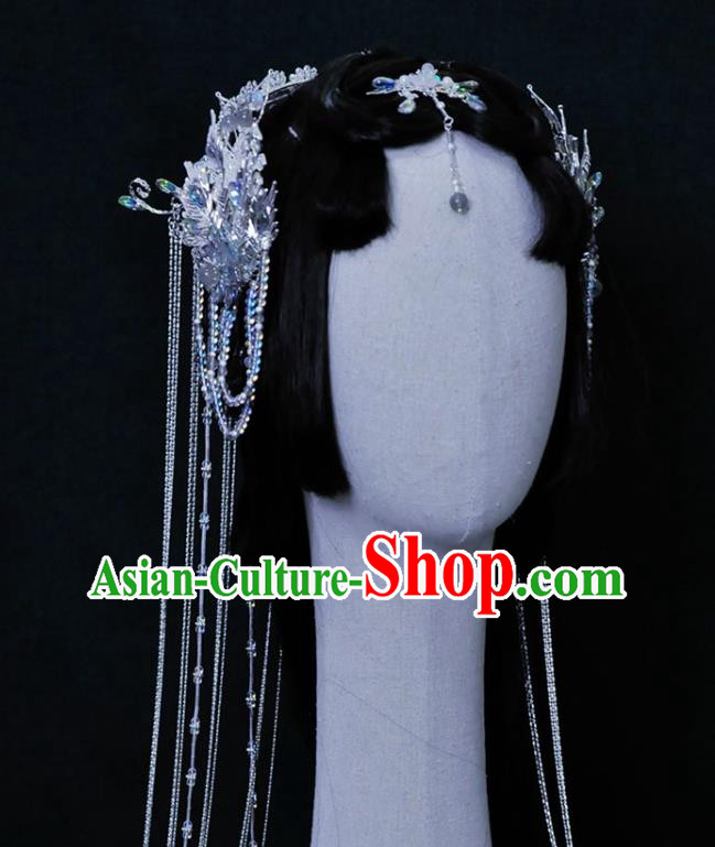China Ancient Fairy Princess Headwear Handmade Traditional Cosplay Goddess Argent Tassel Hair Crown