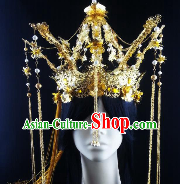 China Ancient Goddess Phoenix Coronet Headwear Handmade Traditional Cosplay Queen Golden Tassel Hair Crown