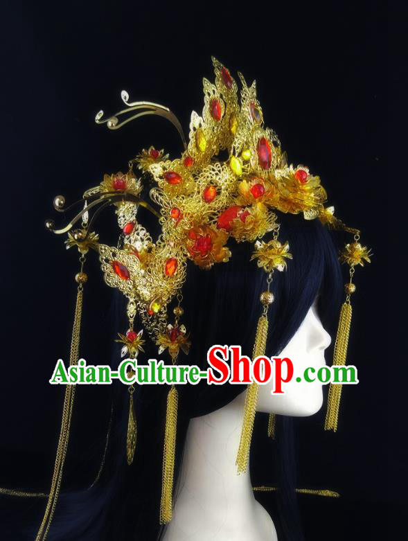 China Ancient Ming Dynasty Princess Tassel Phoenix Coronet Headwear Handmade Traditional Wedding Golden Hair Crown