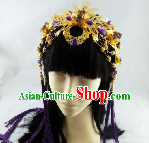 China Ancient Queen Tassel Hair Accessories Handmade Traditional Cosplay Goddess Golden Hair Crown