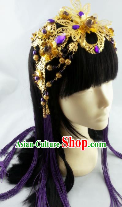 China Ancient Queen Tassel Hair Accessories Handmade Traditional Cosplay Goddess Golden Hair Crown