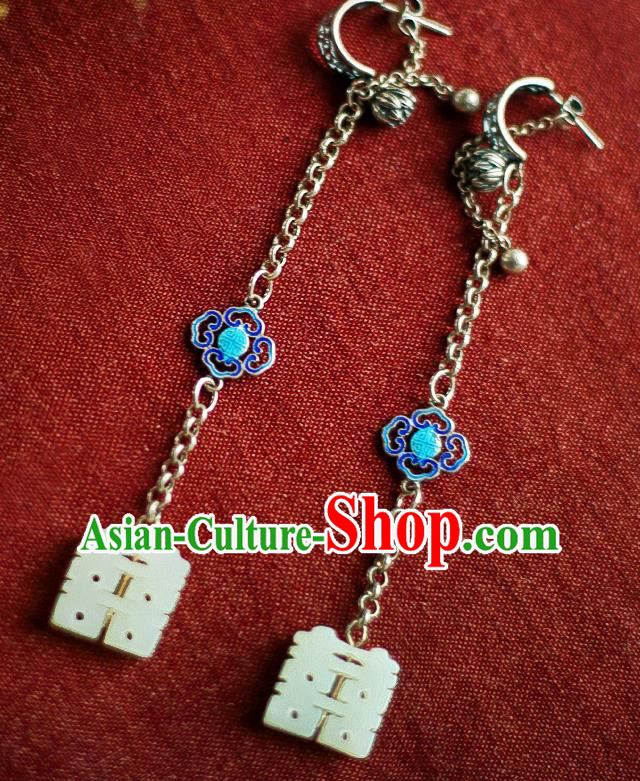 China Traditional Cheongsam Cloisonne Silver Ear Accessories National Wedding Jade Earrings
