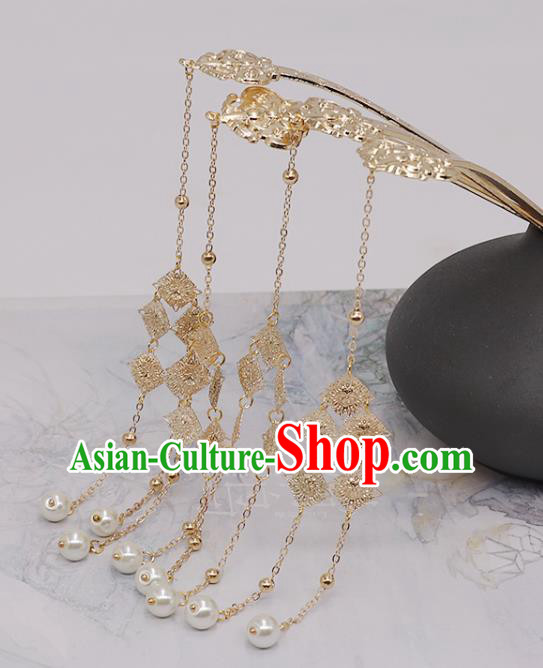 China Ancient Empress Pearls Tassel Hairpin Traditional Tang Dynasty Empress Palace Golden Hair Stick