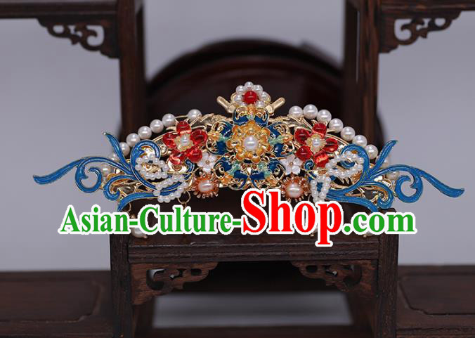 China Ancient Palace Lady Pearls Hair Stick Traditional Ming Dynasty Blueing Hair Crown