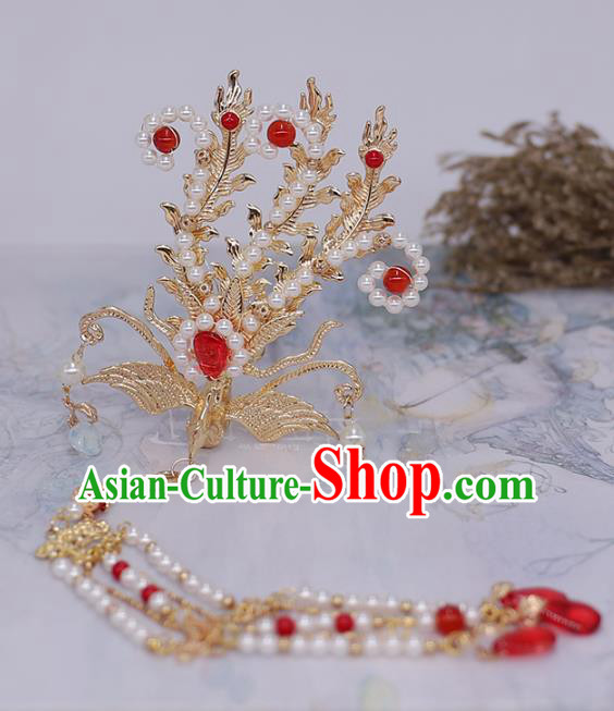 China Ancient Noble Lady Pearls Tassel Hairpin Traditional Ming Dynasty Princess Golden Phoenix Hair Stick