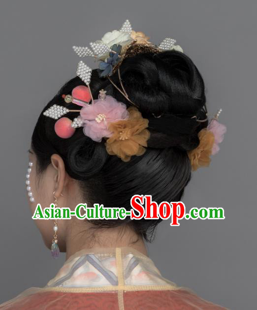 China Ancient Court Woman Hairpin Traditional Song Dynasty Imperial Concubine Silk Flowers Hair Stick