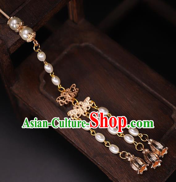 China Ancient Royal Princess Pearls Tassel Hairpin Traditional Ming Dynasty Court Woman Hair Stick