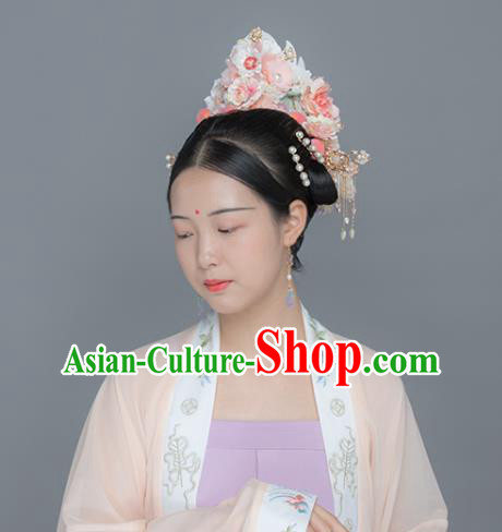 China Ancient Noble Lady Hair Accessories Traditional Song Dynasty Princess Pink Flowers Pearls Hair Crown