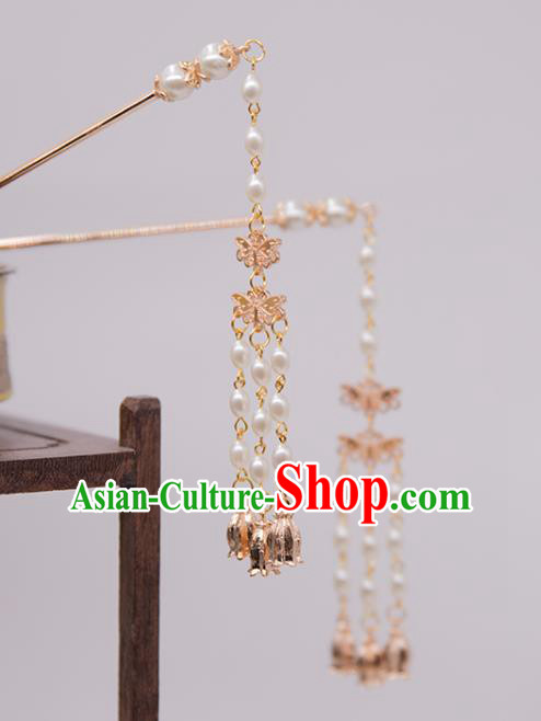 China Ancient Royal Princess Pearls Tassel Hairpin Traditional Ming Dynasty Court Woman Hair Stick