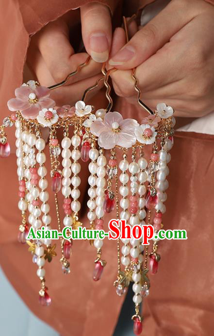 China Ancient Palace Lady Shell Plum Hairpins Traditional Ming Dynasty Princess Pearls Tassel Hair Stick