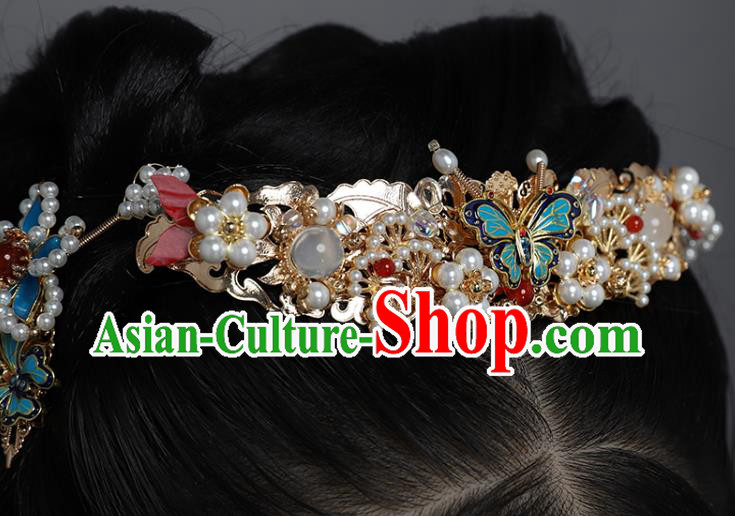 China Ancient Imperial Concubine Pearls Hairpin Traditional Ming Dynasty Princess Blueing Butterfly Hair Crown