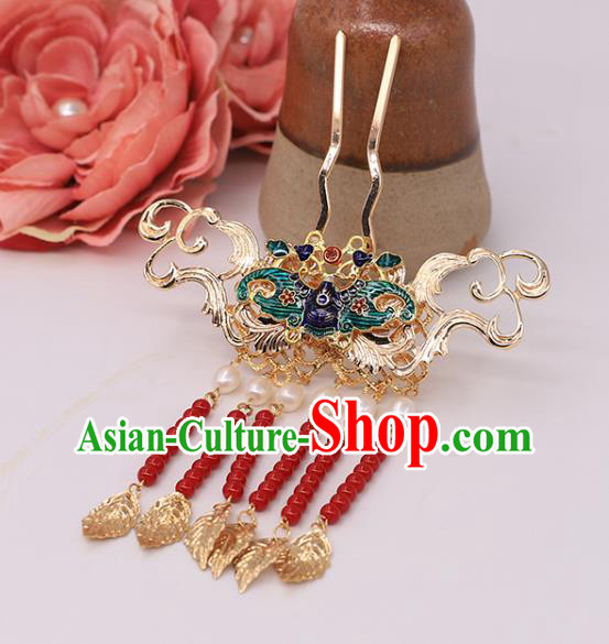 China Ancient Princess Red Beads Tassel Hairpin Traditional Ming Dynasty Young Lady Blueing Bat Hair Stick
