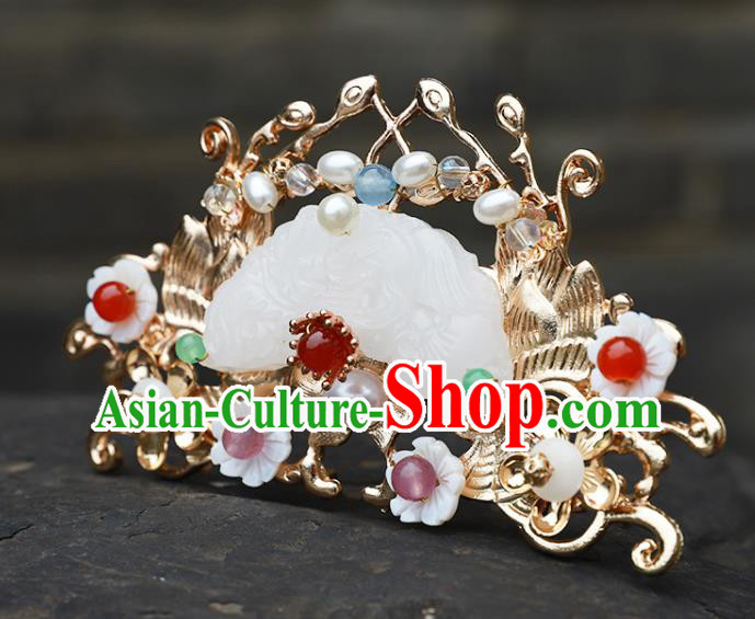China Ancient Court Lady Golden Hairpin Traditional Ming Dynasty Princess Jade Hair Crown