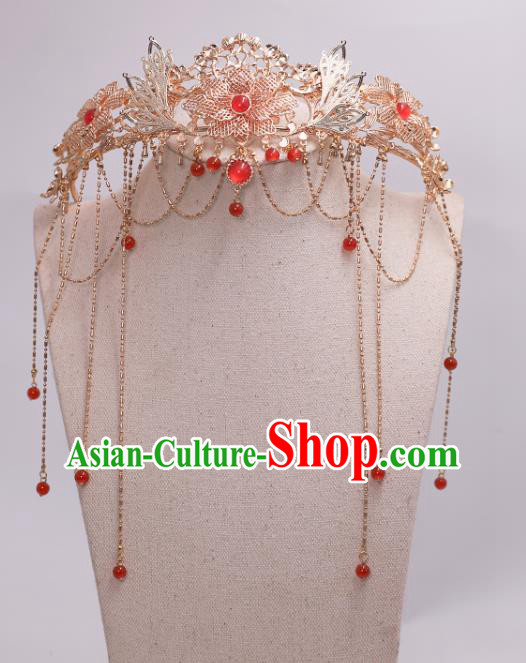 China Ancient Princess Tassel Hair Clasp Traditional Ming Dynasty Wedding Golden Peony Hair Crown