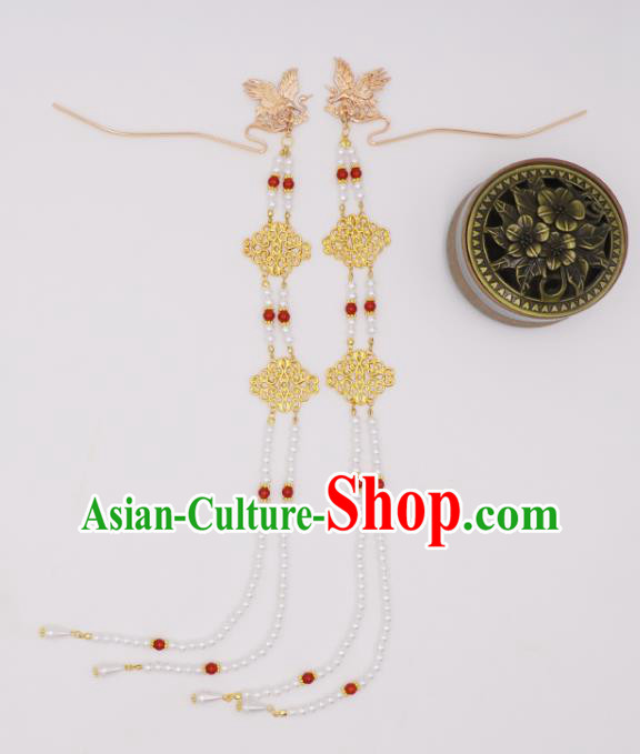 China Ancient Queen Pearls Tassel Hairpin Traditional Ming Dynasty Empress Golden Phoenix Hair Stick