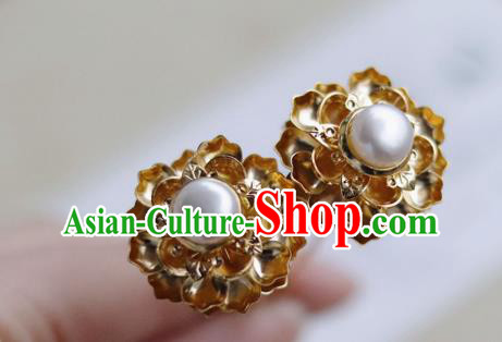 China Ancient Queen Pearl Hairpin Traditional Ming Dynasty Empress Golden Peony Hair Stick