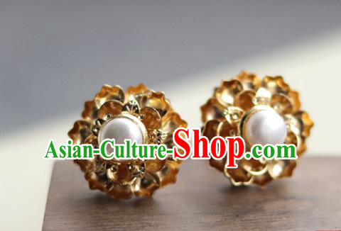 China Ancient Queen Pearl Hairpin Traditional Ming Dynasty Empress Golden Peony Hair Stick