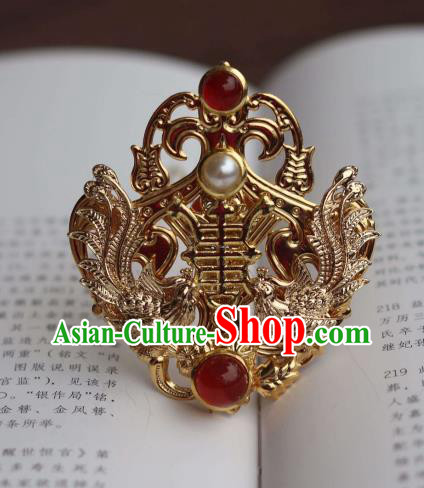 China Ancient Court Woman Pearls Hairpin Traditional Ming Dynasty Empress Golden Phoenix Hair Crown