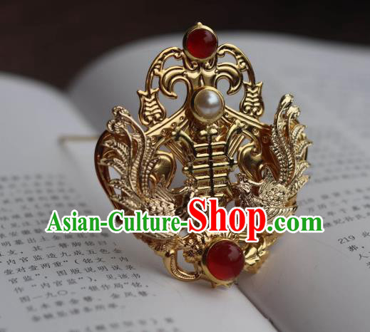 China Ancient Court Woman Pearls Hairpin Traditional Ming Dynasty Empress Golden Phoenix Hair Crown