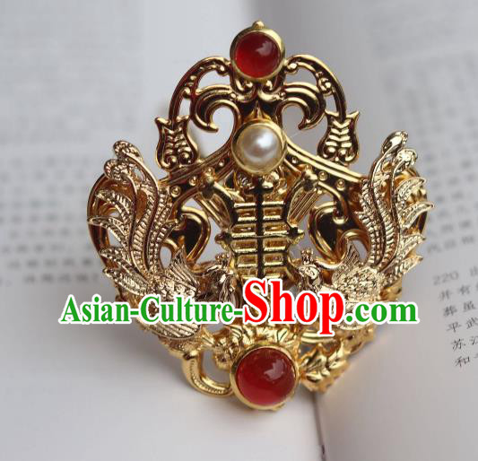 China Ancient Court Woman Pearls Hairpin Traditional Ming Dynasty Empress Golden Phoenix Hair Crown