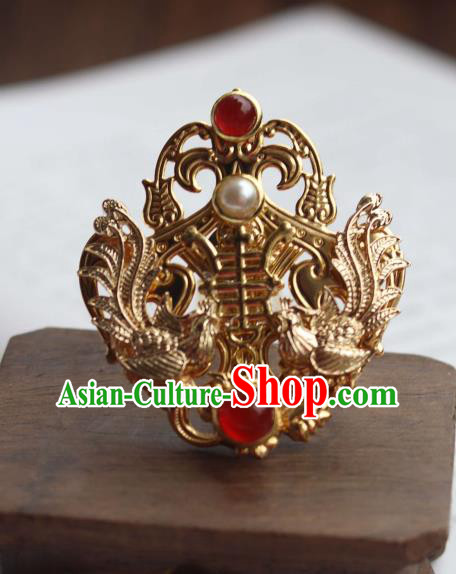 China Ancient Court Woman Pearls Hairpin Traditional Ming Dynasty Empress Golden Phoenix Hair Crown