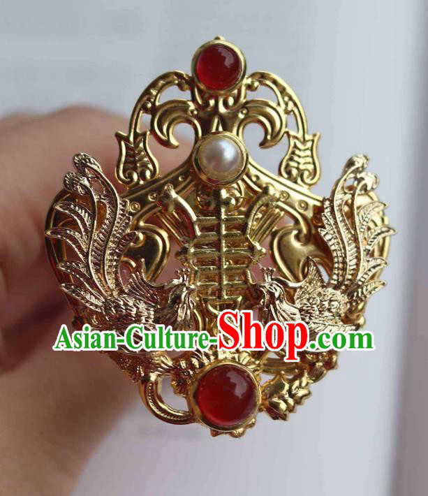 China Ancient Court Woman Pearls Hairpin Traditional Ming Dynasty Empress Golden Phoenix Hair Crown