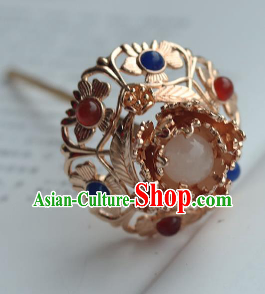 China Ancient Court Lady Gems Hairpin Traditional Ming Dynasty Empress Golden Hair Stick