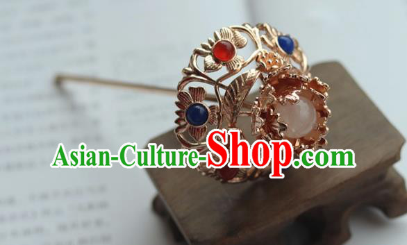 China Ancient Court Lady Gems Hairpin Traditional Ming Dynasty Empress Golden Hair Stick