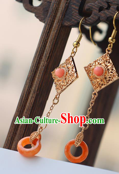 Chinese Traditional Qing Dynasty Court Lady Earrings Ancient Princess Coral Ring Ear Jewelry