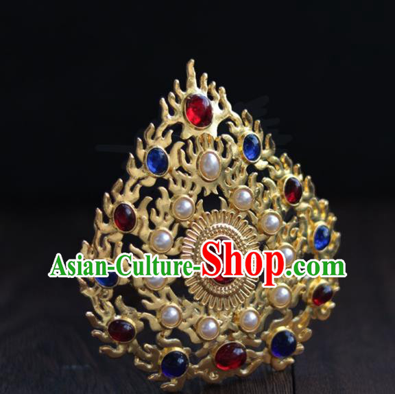 China Ancient Court Woman Golden Hairpin Traditional Ming Dynasty Empress Gems Pearls Hair Crown