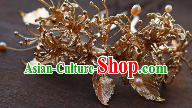 China Ancient Palace Lady Hairpin Traditional Tang Dynasty Princess Golden Manjusaka Hair Comb
