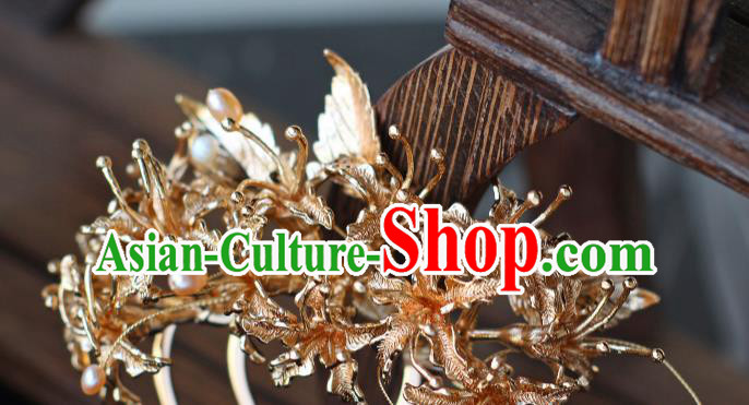China Ancient Palace Lady Hairpin Traditional Tang Dynasty Princess Golden Manjusaka Hair Comb