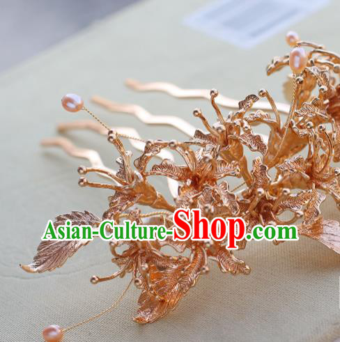 China Ancient Palace Lady Hairpin Traditional Tang Dynasty Princess Golden Manjusaka Hair Comb