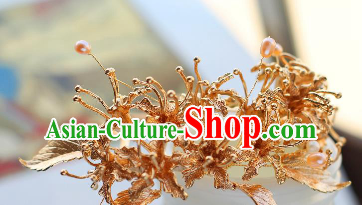 China Ancient Palace Lady Hairpin Traditional Tang Dynasty Princess Golden Manjusaka Hair Comb