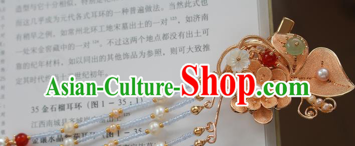 China Ancient Young Beauty Golden Butterfly Flower Hairpin Traditional Ming Dynasty Princess Pearls Tassel Hair Claw