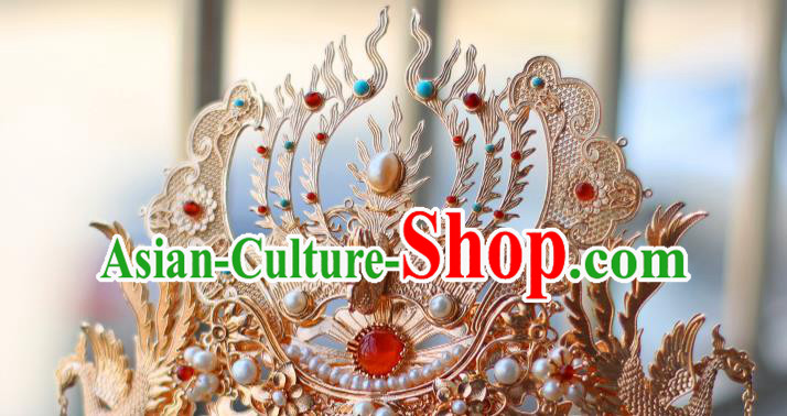 China Ancient Royal Empress Pearls Hairpin Traditional Ming Dynasty Queen Golden Phoenix Hair Crown