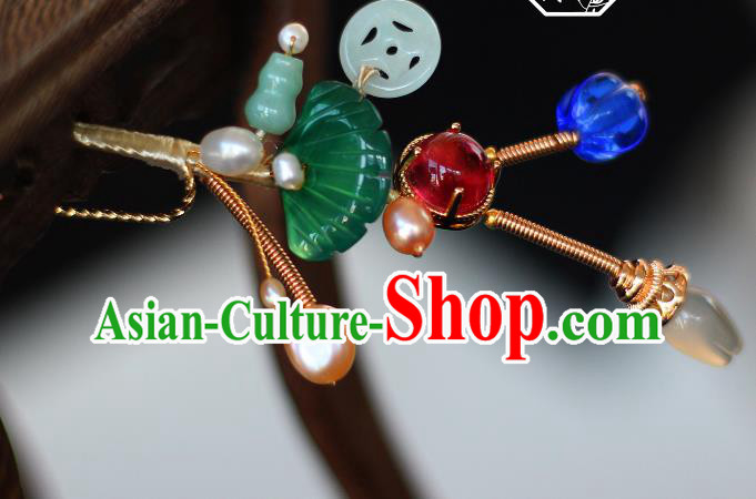 China Ancient Princess Pearls Jade Hairpin Traditional Qing Dynasty Queen Gems Hair Stick