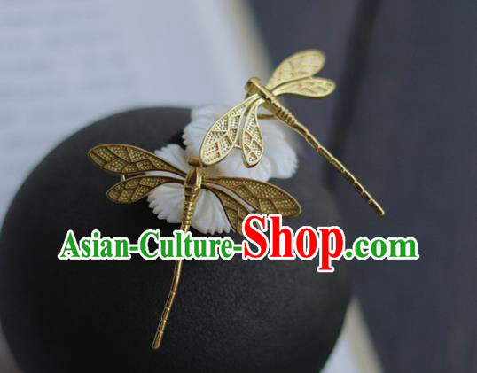 China Ancient Noble Lady Jade Hairpin Traditional Ming Dynasty Princess Golden Dragonfly Hair Stick