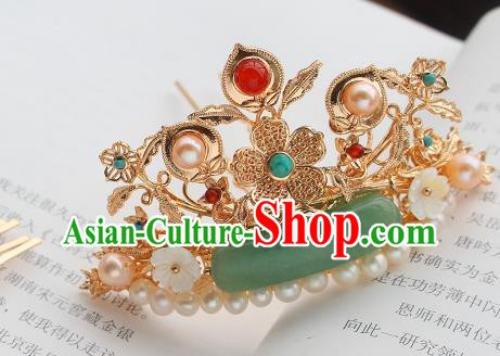 China Ancient Court Woman Jade Pearls Hairpin Traditional Ming Dynasty Princess Golden Plum Hair Crown