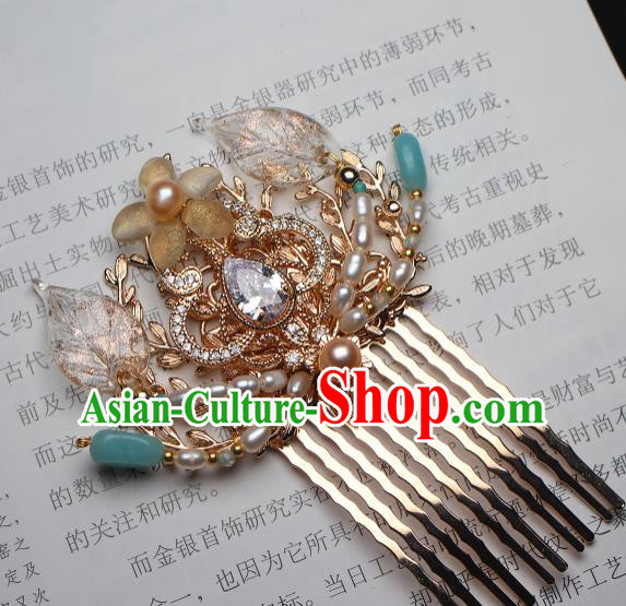 China Ancient Palace Lady Pearls Hairpin Traditional Ming Dynasty Princess Zircon Hair Comb