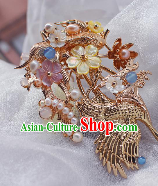 China Ancient Palace Lady Shell Plum Hairpin Traditional Ming Dynasty Princess Golden Crane Fish Hair Comb