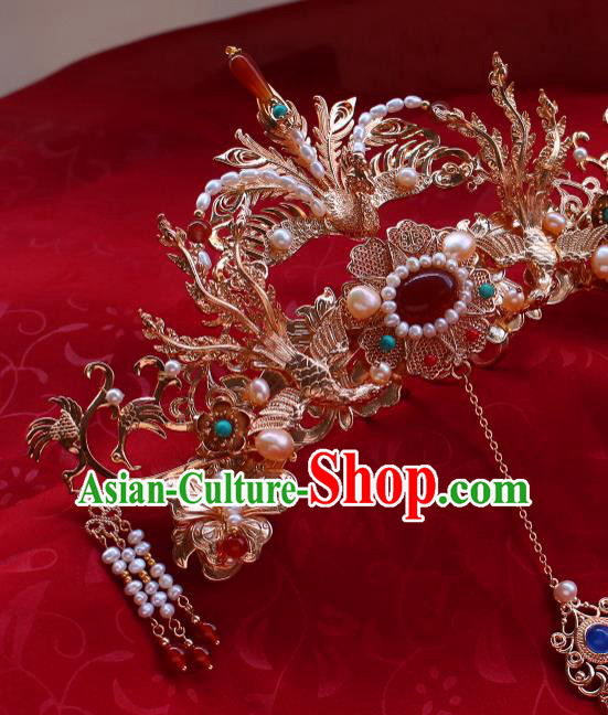 China Ancient Empress Phoenix Coronet Traditional Ming Dynasty Wedding Pearls Phoenix Hair Crown