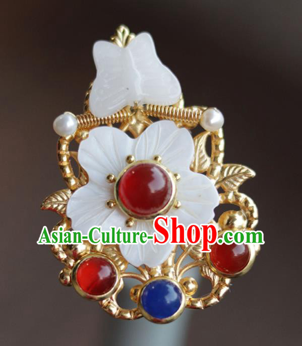 China Ancient Palace Lady Gems Hairpin Traditional Ming Dynasty Princess Jade Butterfly Hair Stick