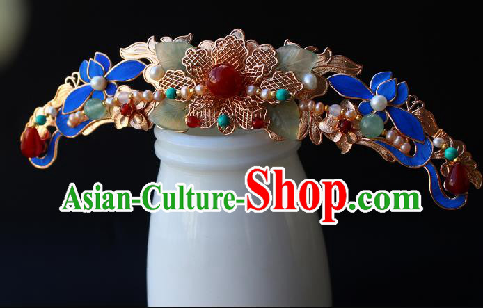 China Ancient Royal Empress Blue Lotus Hairpin Traditional Ming Dynasty Court Woman Gems Hair Crown